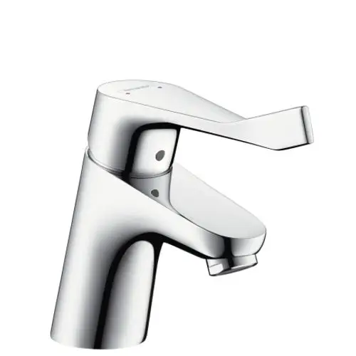 Ein einzelner chromfarbener Wasserhahn von Hansgrohe mit einem langen Griff und einem Wasserablaufmechanismus.